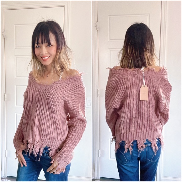 #41 Cozy V neck Distressed Frayed Oversized Sweater Top - Picture 9 of 9